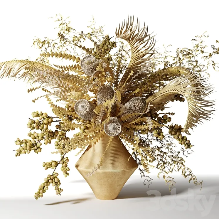 Bouquet of dried flowers with palm leaves bankxia and walnut branches 3DS Max
