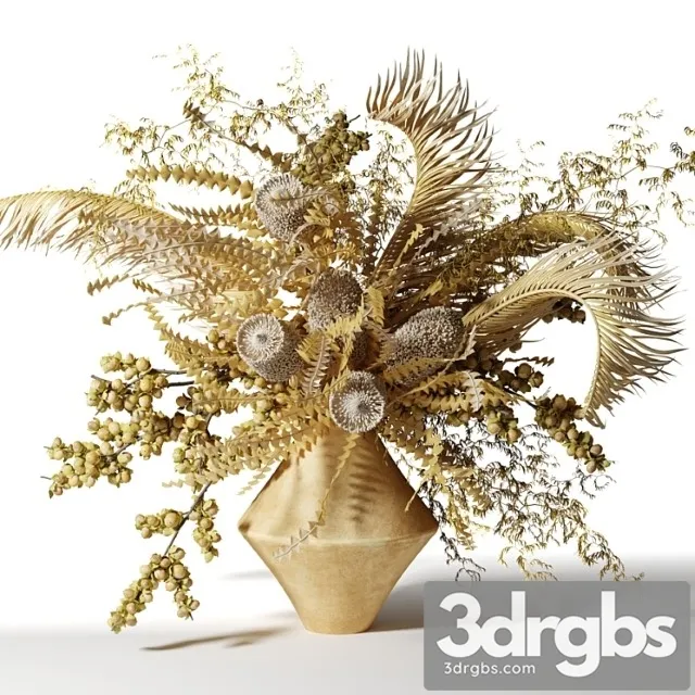 Bouquet of dried flowers with palm leaves, bankxia and walnut branches