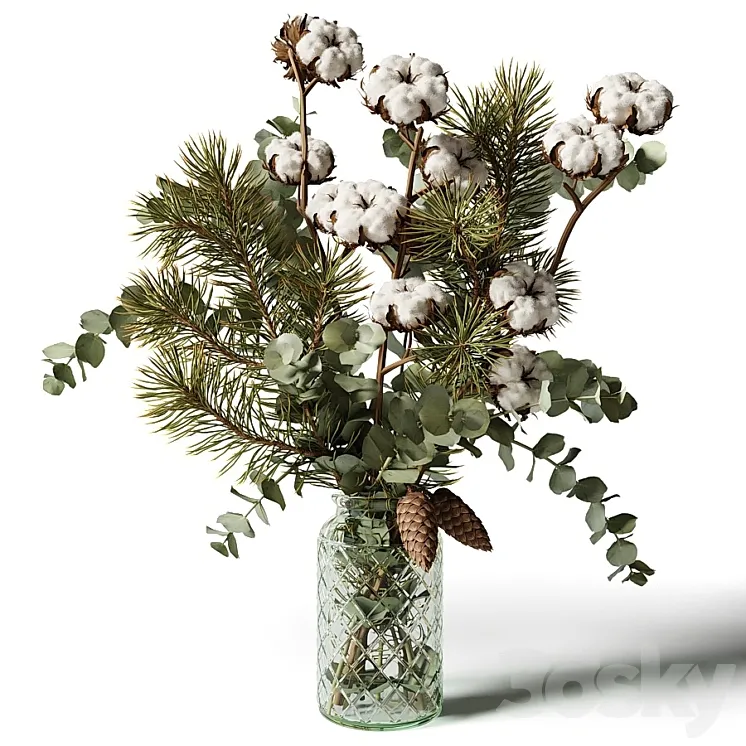 Bouquet of eucalyptus pine and cotton in a glass vase 3DS Max