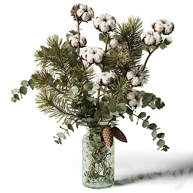 Bouquet of eucalyptus. pine and cotton in a glass vase 3DSMax File