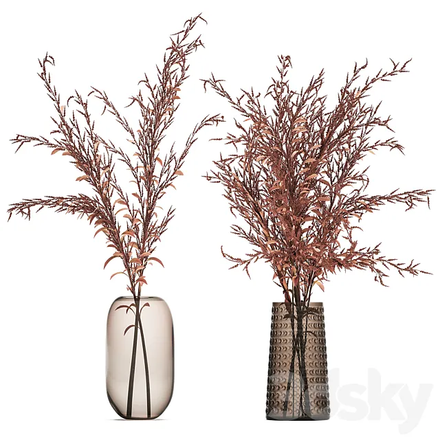 Bouquet of red branches of dried flowers in a glass vase with Goldenrod. Solidago. Set 153. 3DSMax File