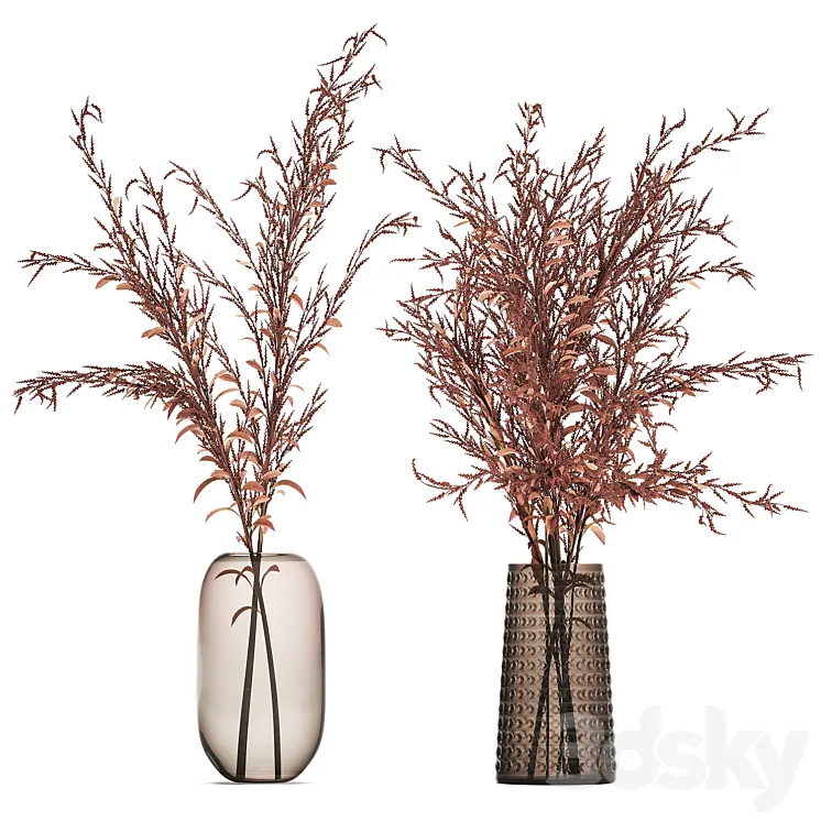 Bouquet of red branches of dried flowers in a glass vase with Goldenrod Solidago. Set 153. 3DS Max Model