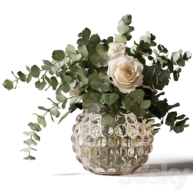 Bouquet of roses and eucalyptus in a glass pimpled vase 3DS Max Model