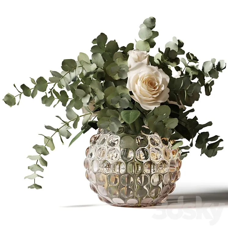 Bouquet of roses and eucalyptus in a glass pimpled vase 3DS Max
