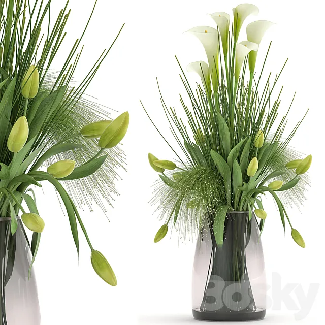 Bouquet of spring green flowers in a glass vase with a tulip Calla. 115. 3ds Max