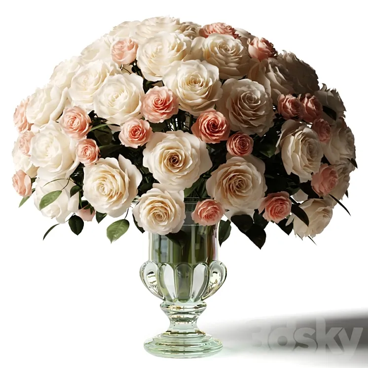 Bouquet of white and pink roses in a glass classic vase 3DS Max Model