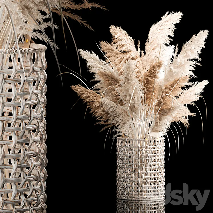 Bouquet of white dried flowers in a wicker basket reeds pampas grass Cortaderia. 256. 3DS Max