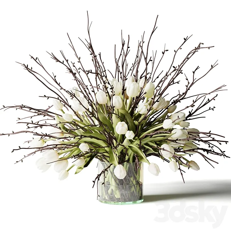 Bouquet of white tulips and branches in a glass vase 3DS Max Model