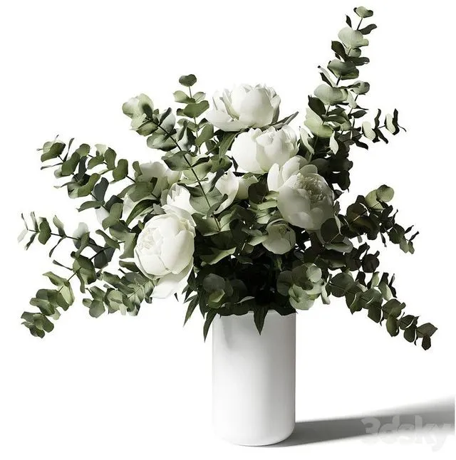 Bouquet with eucalyptus and peonies in a white vase 3dsMax Model