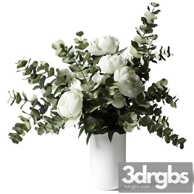 Bouquet with eucalyptus and peonies in a white vase