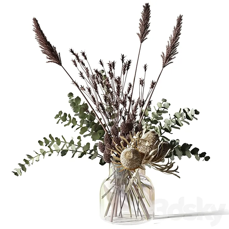 Bouquet with eucalyptus bankxias and tall grass in a glass vase 3DS Max