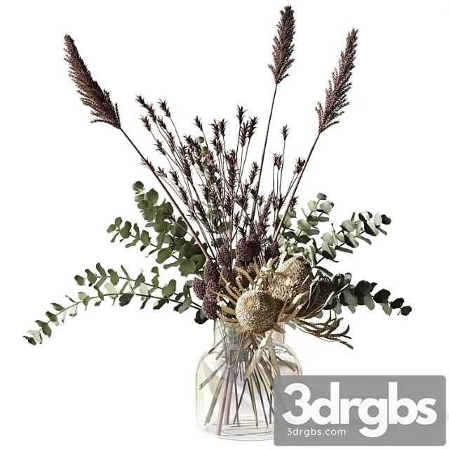 Bouquet with eucalyptus, bankxias and tall grass in a glass vase