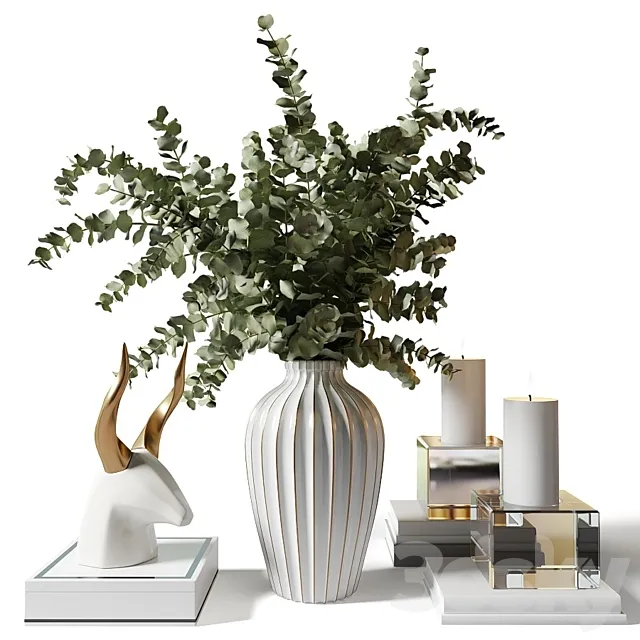 Bouquet with eucalyptus in an elegant white vase with stripes 3DSMax File
