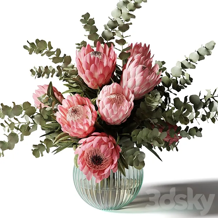 Bouquet with pink proteas and eucalyptus in a ribbed glass vase 3DS Max