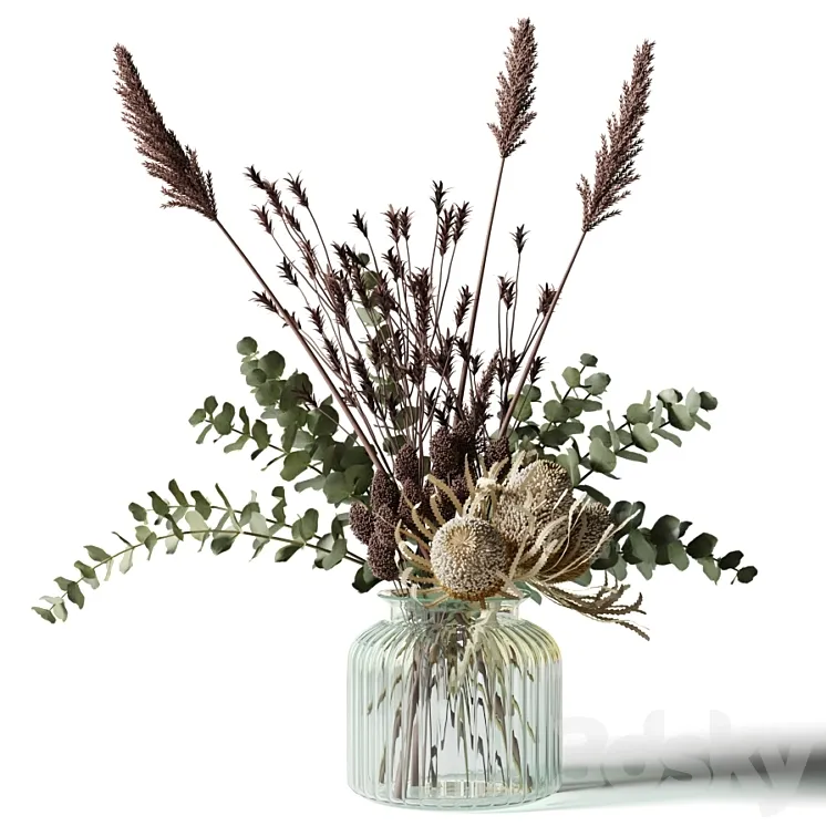 Bouquet with tall grass eucalyptus and bankxias in a ribbed glass vase 3DS Max