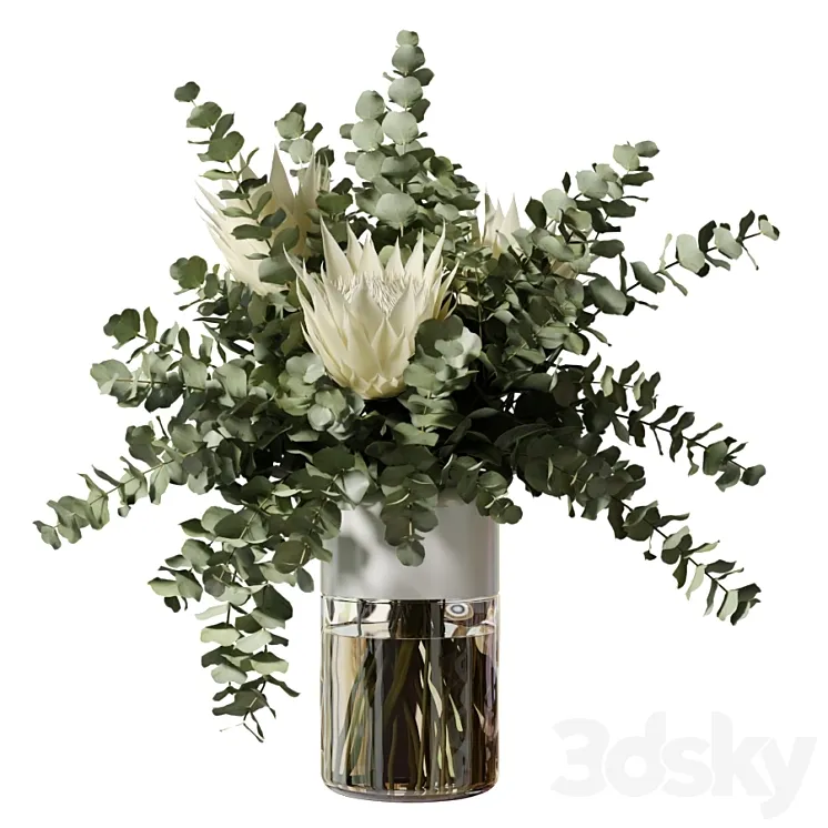 Bouquet with three white proteas and eucalyptus branches in a glass vase 3DS Max