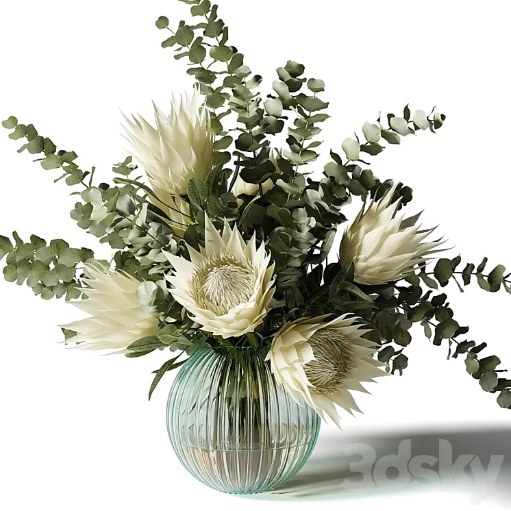 Bouquet with white proteas and eucalyptus in a ribbed glass vase 3DS Max