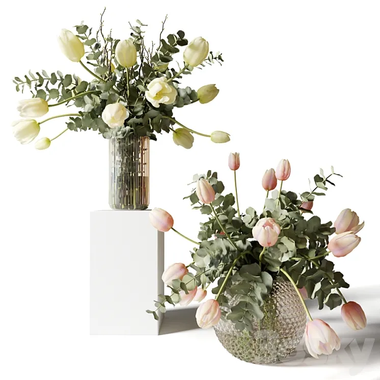Bouquets of eucalyptus and tulips in glass vases 3DS Max Model