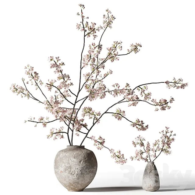 Branch with flowers in a clay vase 3ds Max