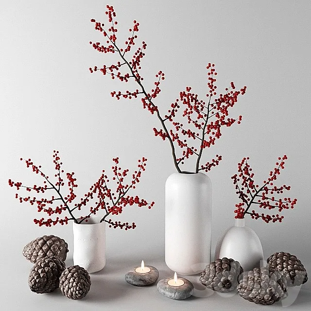 Branches with red berries in white vases 3DSMax File