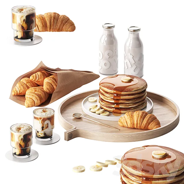 Breakfast with pancakes and croissants with coffee 3ds Max