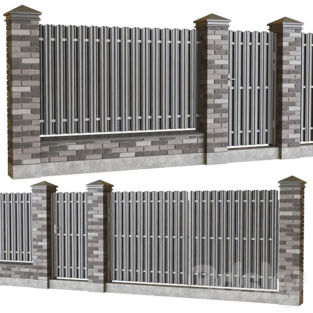 Brick fence with euro picket fence 3ds Max