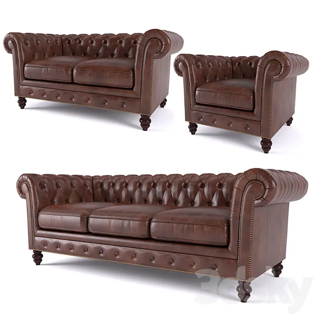 Brooklyn Chesterfield Leather Sofa and Loveseat and Armchair 3DS Max Model