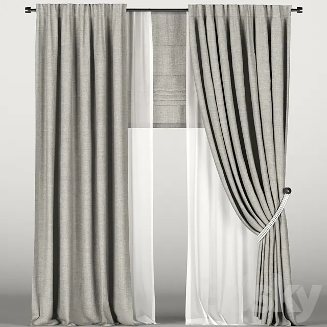 Brown curtains in the background with tulle and a Roman curtain. 3DS Max Model