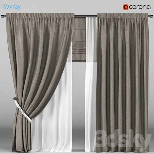 Brown curtains in the background with white tulle + Roman blinds 3DS Max Model