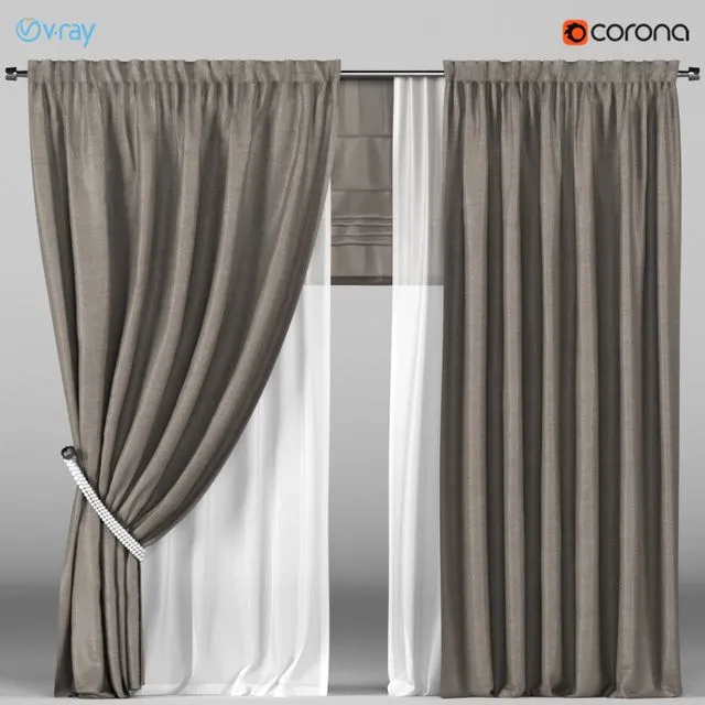 Brown curtains in the background with white tulle + Roman blinds 3dsMax Model