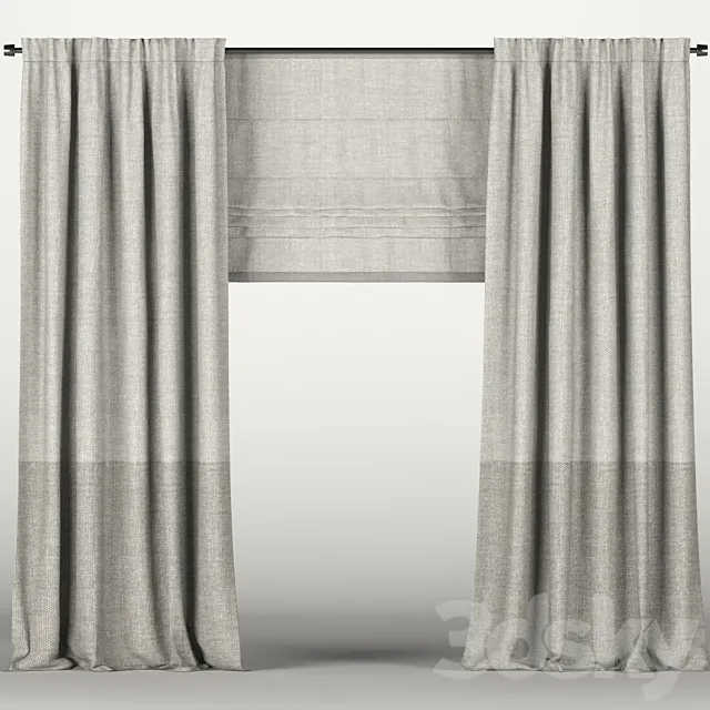 Brown curtains in two color shades with a Roman curtain. 3ds Max