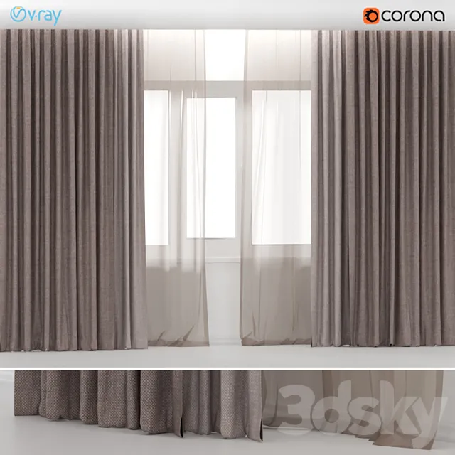Brown curtains in two colors with brown tulle. 3ds Max
