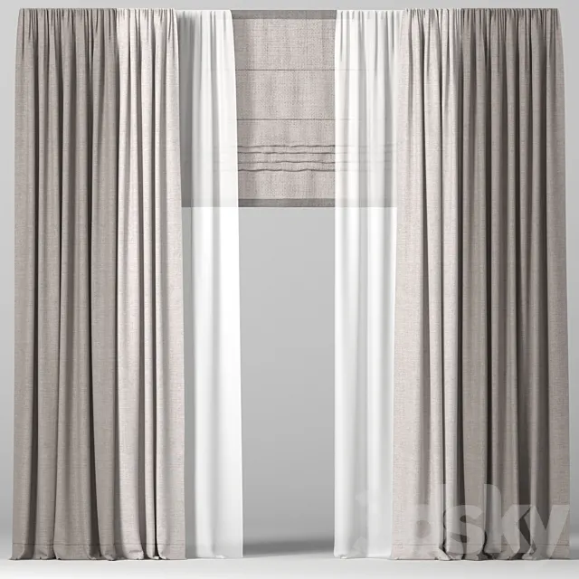 Brown curtains in two colors with tulle and Roman. 3DS Max Model