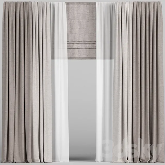 Brown curtains in two colors with tulle and roman. 3ds Max