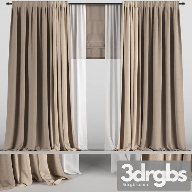 Brown curtains in two colors with tulle and roman blinds. 3dsmax Download