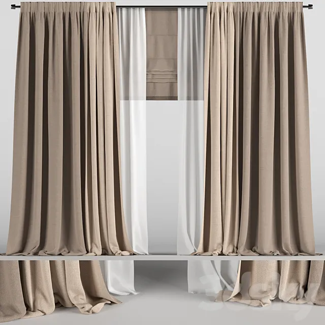 Brown curtains in two colors with tulle and roman blinds. 3ds Max