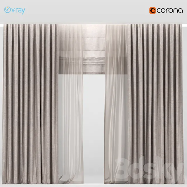 Brown curtains with brown tulle + Roman blinds. 3DSMax File