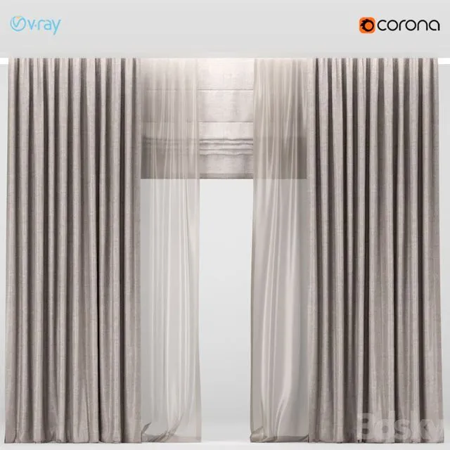Brown curtains with brown tulle + Roman blinds 3dsMax Model