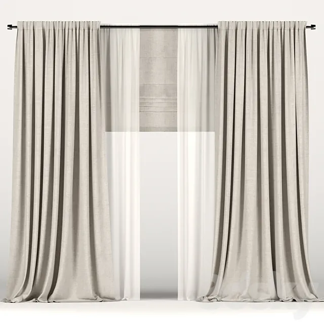 Brown curtains with tulle and a roman curtain 3ds Max