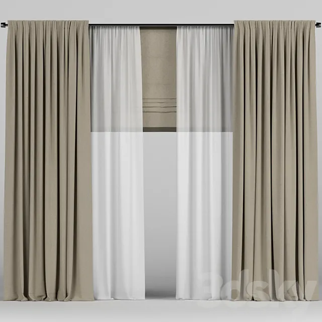 Brown curtains with tulle and roman. 3DS Max Model