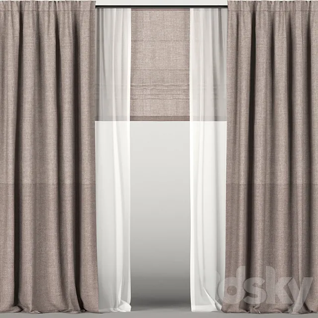Brown curtains with tulle + Roman blinds. 3DSMax File