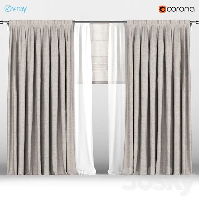 Brown curtains with white tulle + Roman blinds. 3DSMax File