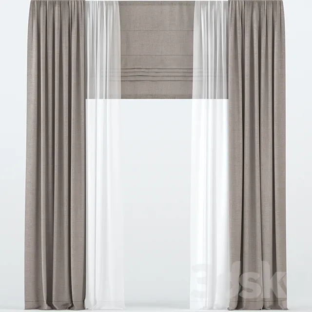 Brown straight curtains with tulle and roman. 3ds Max