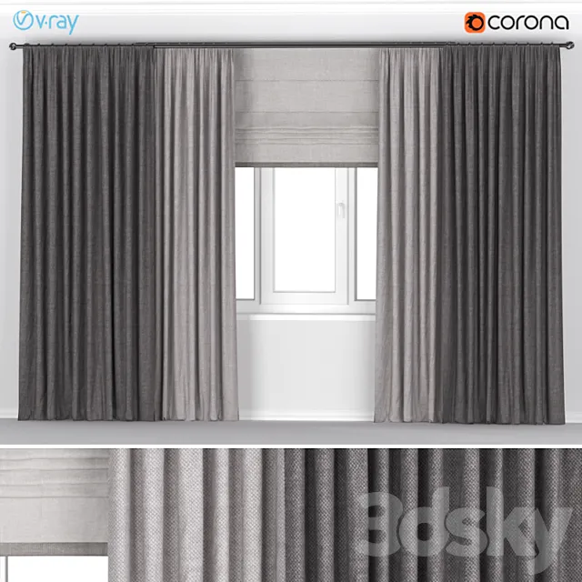 Brown thick wide curtains in two colors + Roman blinds. 3DSMax File