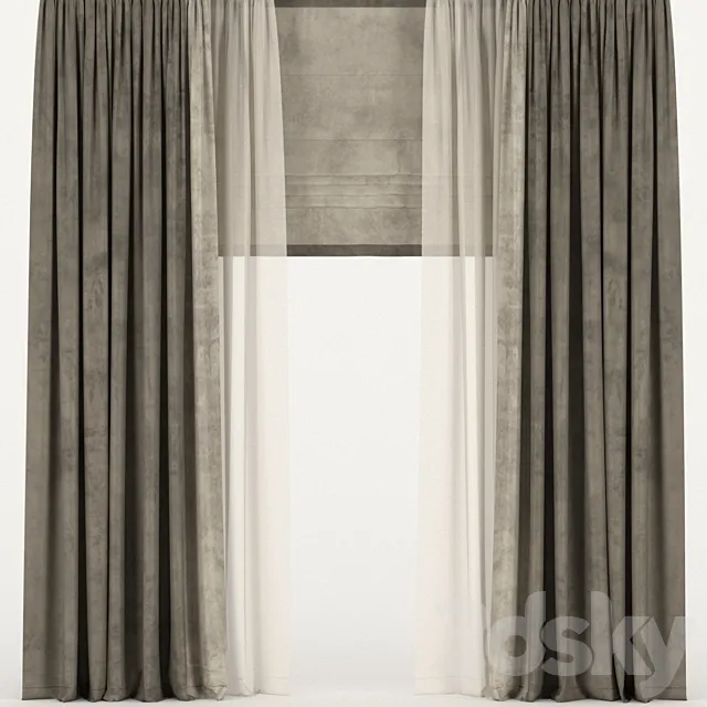 Brown velvet curtains with tulle and a roman curtain 3DS Max Model