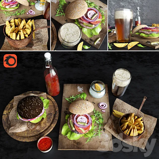 Burgers with potatoes and beer 3DSMax File