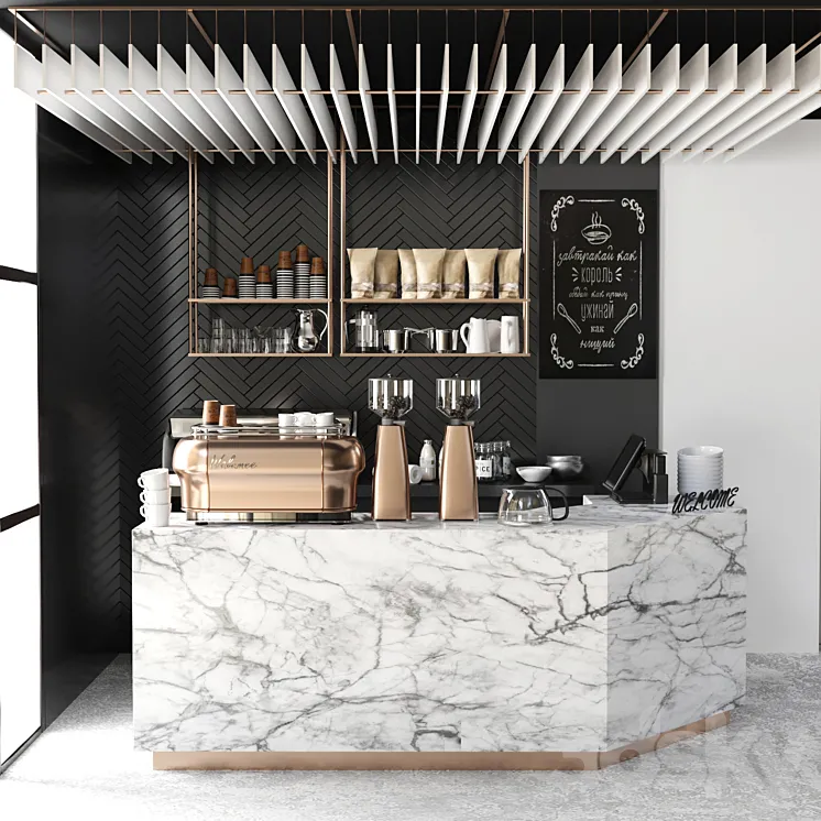Cafe design 5. Coffee coffee maker coffee machine coffee point coffee grinder dishes marble panels 3DS Max