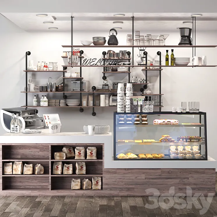 Cafe in loft style with a showcase with desserts and sweets 3. Coffee point 3DS Max