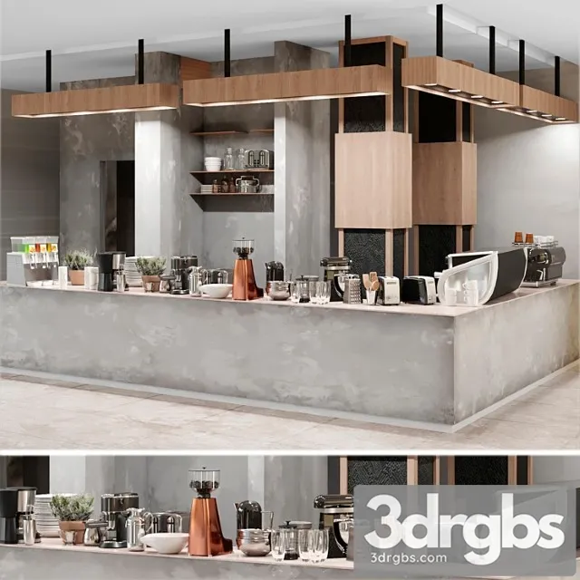 Cafe with a minimalist design with elements of concrete and wood. coffee machine coffee maker 3dsmax Download
