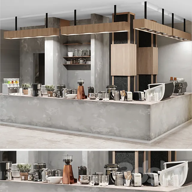 Cafe with a minimalist design with elements of concrete and wood. Coffee machine coffee maker 3DS Max Model